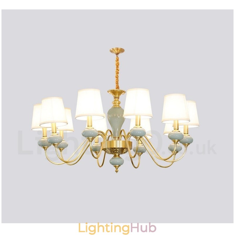 Pure Brass Luxurious Rustic Retro Vintage Brass Ceramics Pendant Candle Chandelier with Fabric Shades