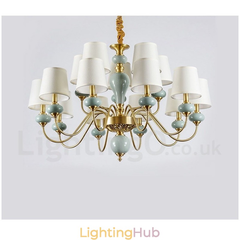 Pure Brass Luxurious Rustic Retro Vintage Brass Ceramics Pendant Candle Chandelier with Fabric Shades