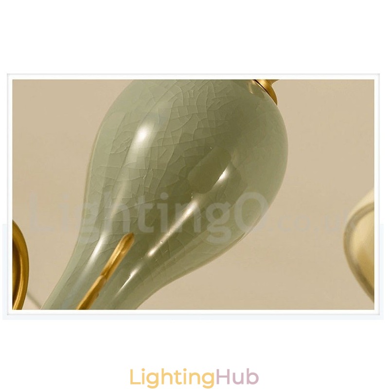 Pure Brass Luxurious Rustic Retro Vintage Brass Ceramics Pendant Candle Chandelier with Fabric Shades