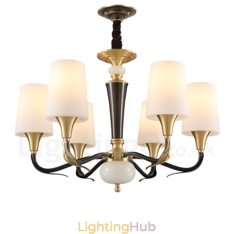 Pure Brass Luxurious Rustic Retro Vintage Brass Stone Pendant Candle Chandelier with Glass Shades