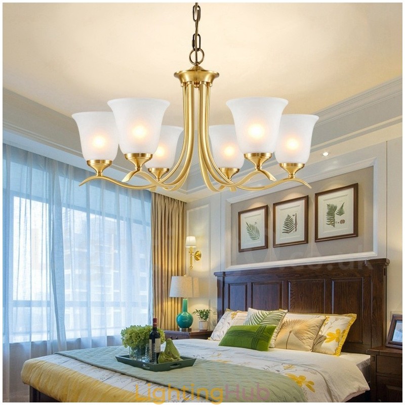 Pure Brass Luxurious Rustic Retro Vintage Brass Pendant Candle Chandelier with Glass Shades