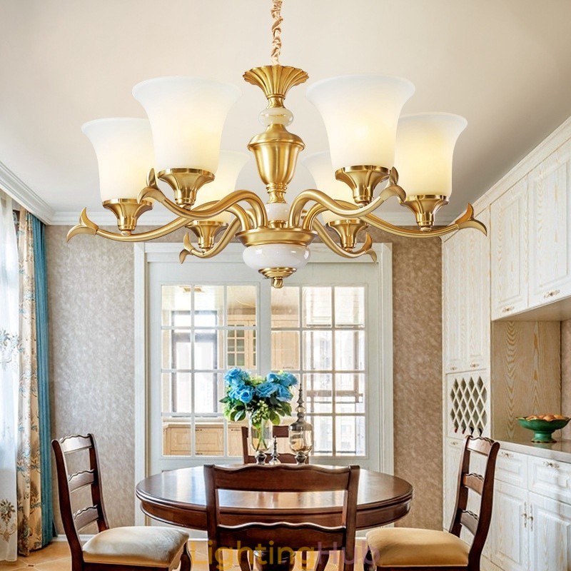 Pure Brass Luxurious Rustic Retro Vintage Brass Stone Pendant Candle Chandelier with Glass Shades