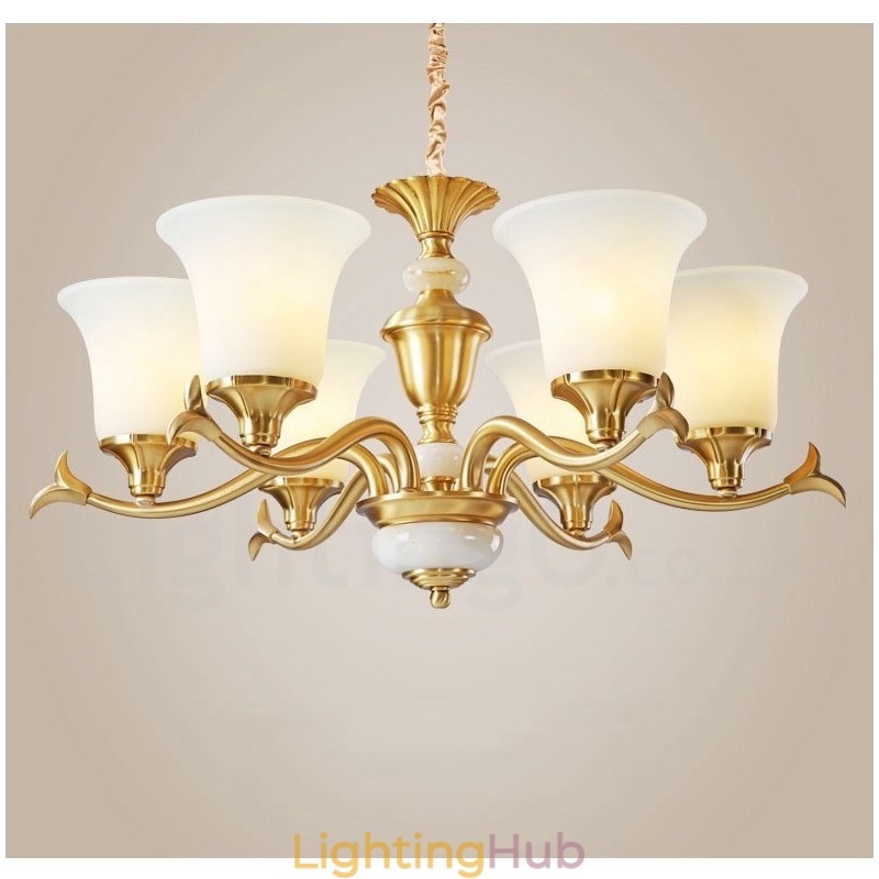 Pure Brass Luxurious Rustic Retro Vintage Brass Stone Pendant Candle Chandelier with Glass Shades