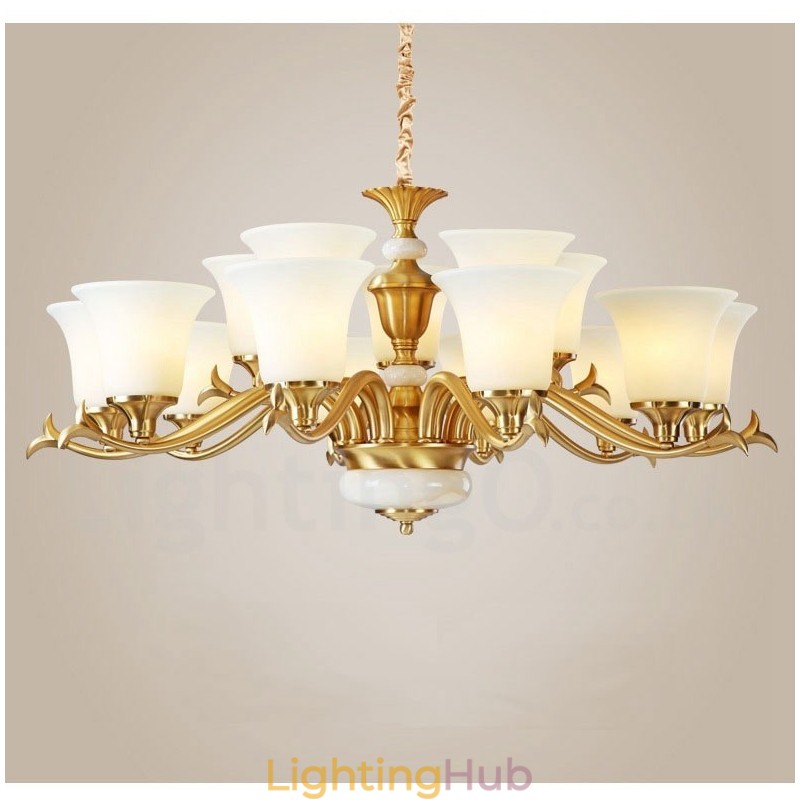 Pure Brass Luxurious Rustic Retro Vintage Brass Stone Pendant Candle Chandelier with Glass Shades