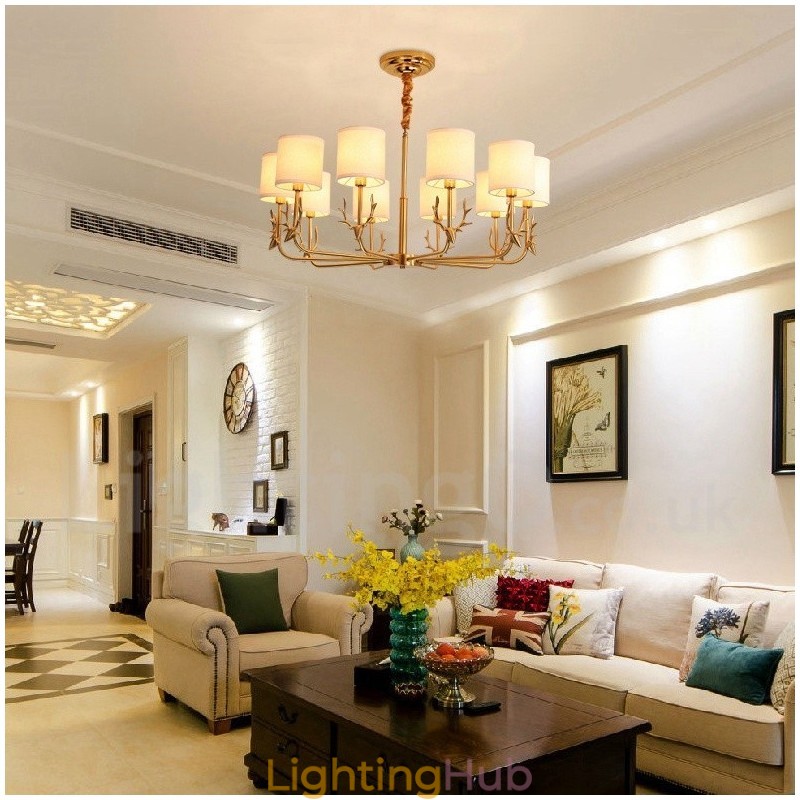 Pure Brass Luxurious Rustic Retro Vintage Brass Pendant Candle Chandelier with Fabric Shades