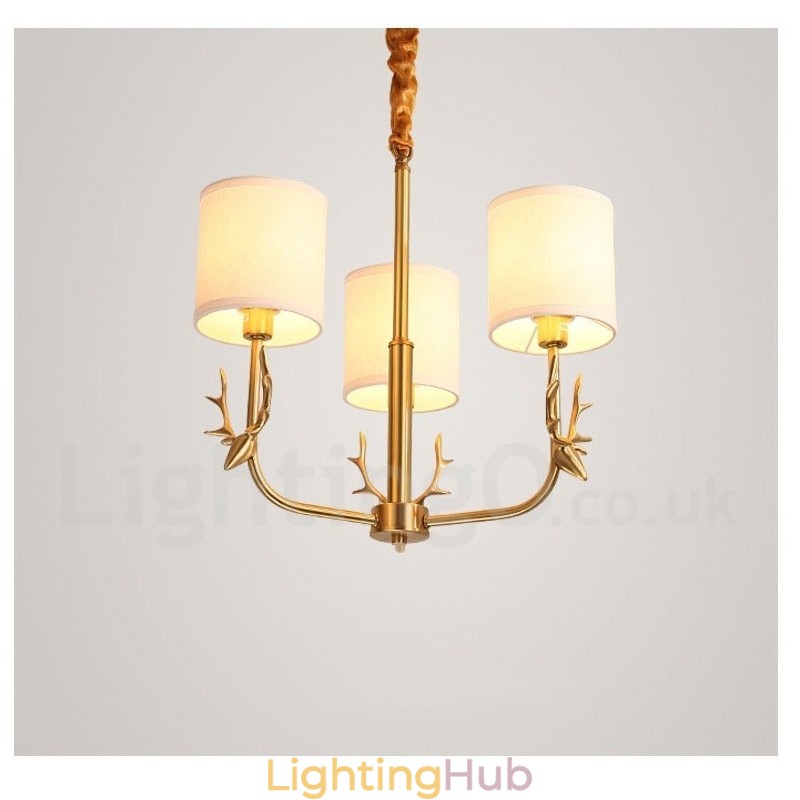 Pure Brass Luxurious Rustic Retro Vintage Brass Pendant Candle Chandelier with Fabric Shades