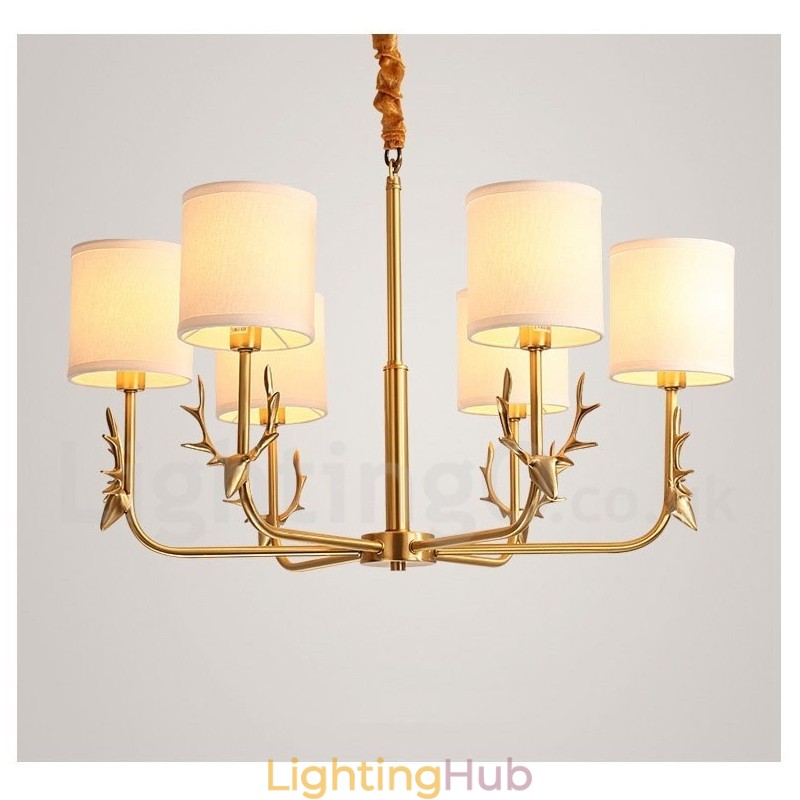 Pure Brass Luxurious Rustic Retro Vintage Brass Pendant Candle Chandelier with Fabric Shades