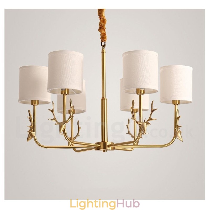 Pure Brass Luxurious Rustic Retro Vintage Brass Pendant Candle Chandelier with Fabric Shades