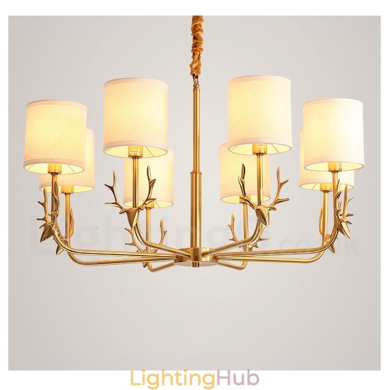 Pure Brass Luxurious Rustic Retro Vintage Brass Pendant Candle Chandelier with Fabric Shades