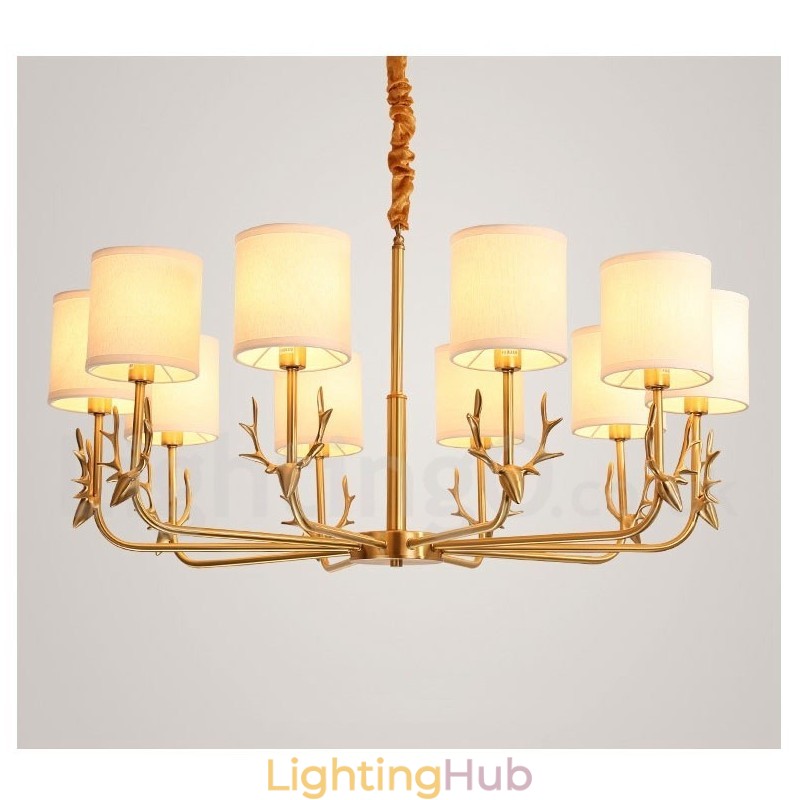 Pure Brass Luxurious Rustic Retro Vintage Brass Pendant Candle Chandelier with Fabric Shades