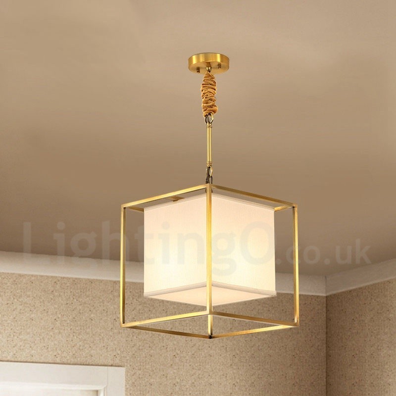 Pure Brass Simple Rustic Retro Vintage Brass Pendant Light with Fabric Shade