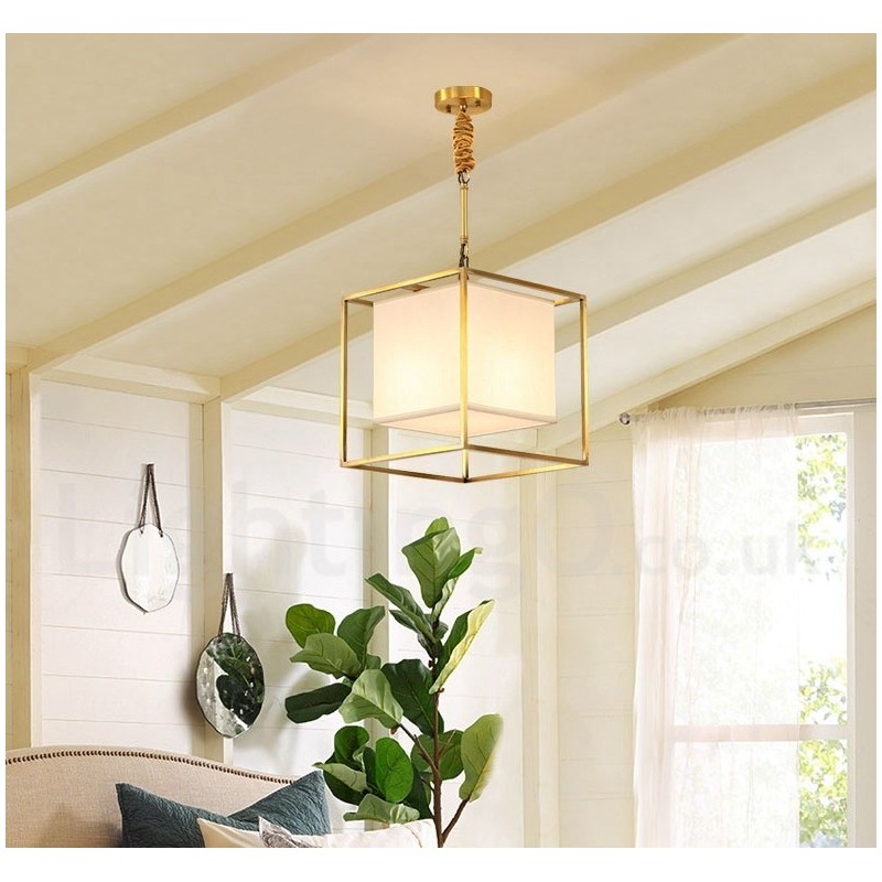Pure Brass Simple Rustic Retro Vintage Brass Pendant Light with Fabric Shade