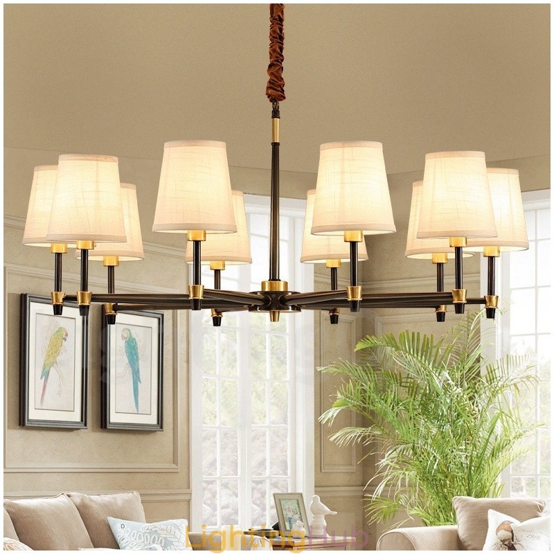 Pure Brass Large Luxurious Rustic Retro Vintage Brass Pendant Chandelier with Fabric Shades