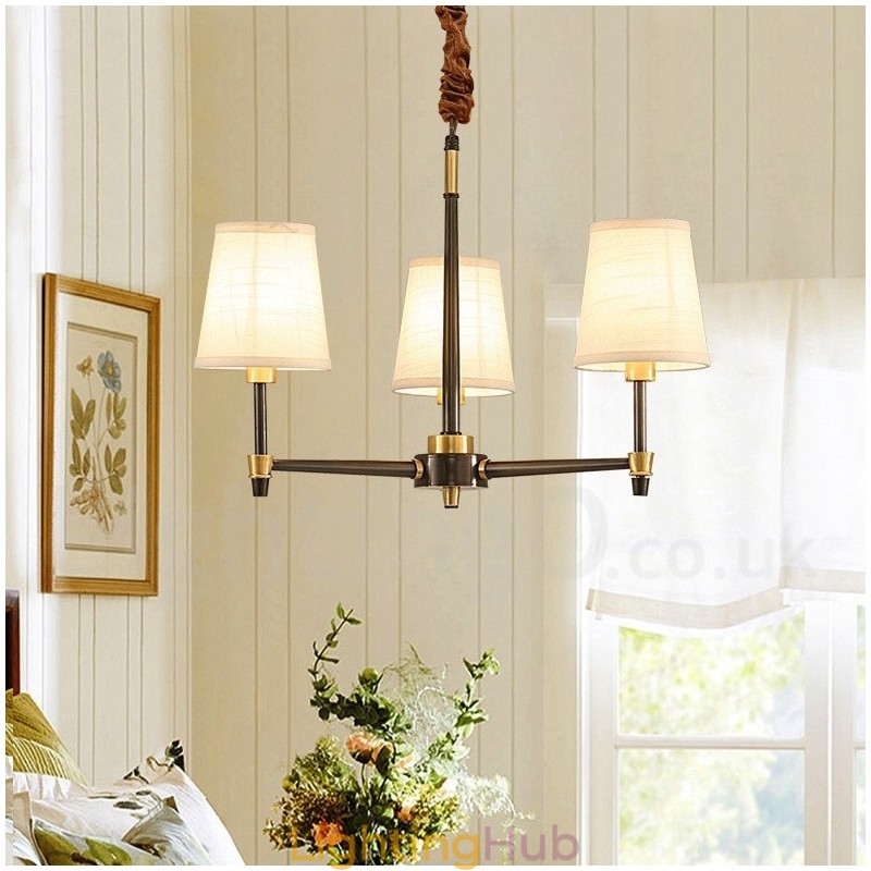 Pure Brass Large Luxurious Rustic Retro Vintage Brass Pendant Chandelier with Fabric Shades