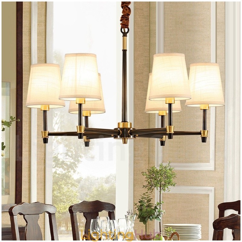 Pure Brass Large Luxurious Rustic Retro Vintage Brass Pendant Chandelier with Fabric Shades