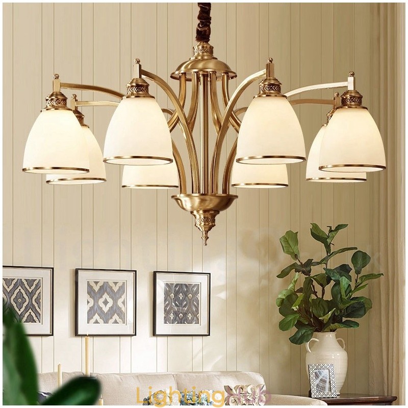 Pure Brass Large Luxurious Rustic Retro Vintage Brass Pendant Chandelier with Glass Shades