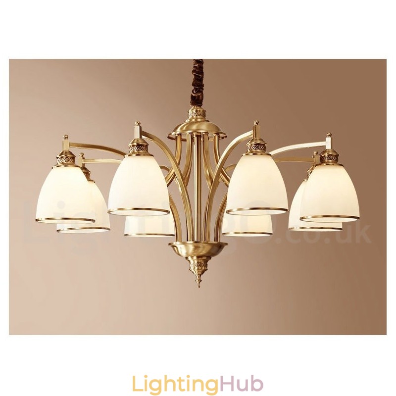 Pure Brass Large Luxurious Rustic Retro Vintage Brass Pendant Chandelier with Glass Shades