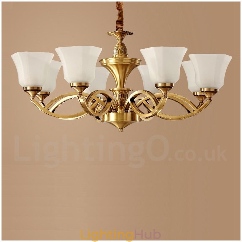 Pure Brass Large Luxurious Rustic Retro Vintage Brass Pendant Chandelier with Glass Shades