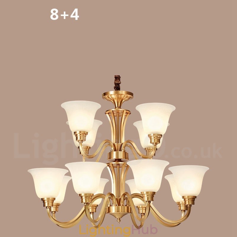 Pure Brass Large Luxurious Rustic Retro Vintage Solid Brass Pendant Chandelier with Glass Shades