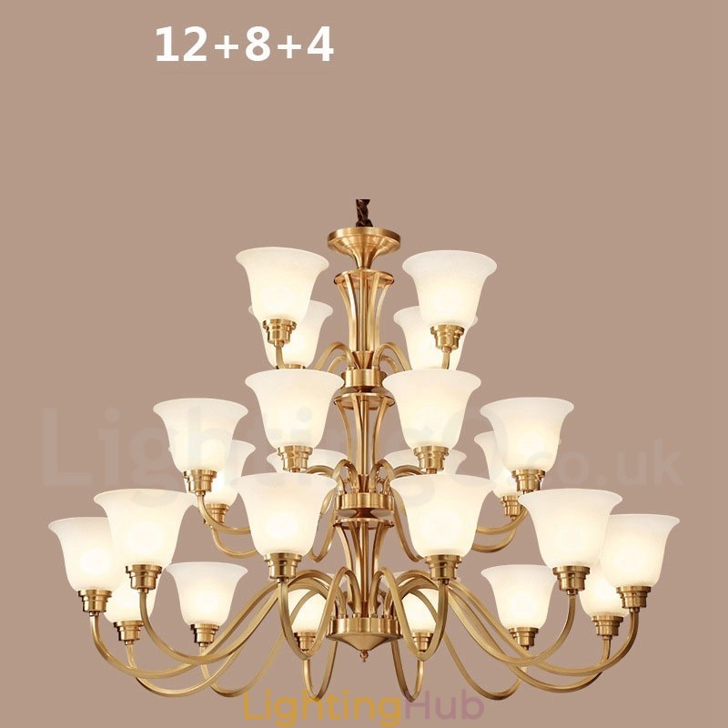 Pure Brass Large Luxurious Rustic Retro Vintage Solid Brass Pendant Chandelier with Glass Shades