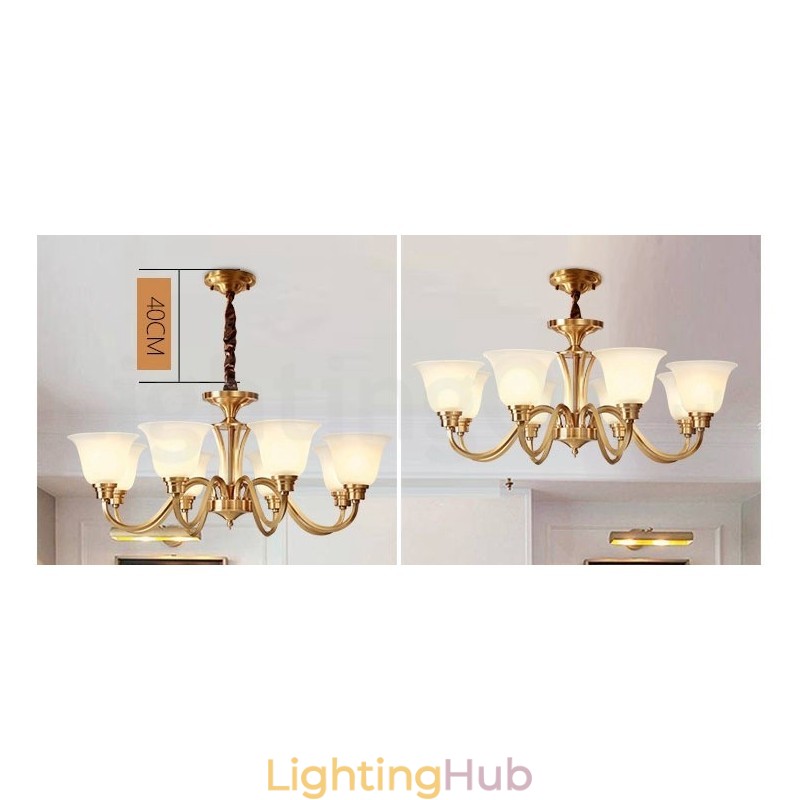 Pure Brass Large Luxurious Rustic Retro Vintage Solid Brass Pendant Chandelier with Glass Shades