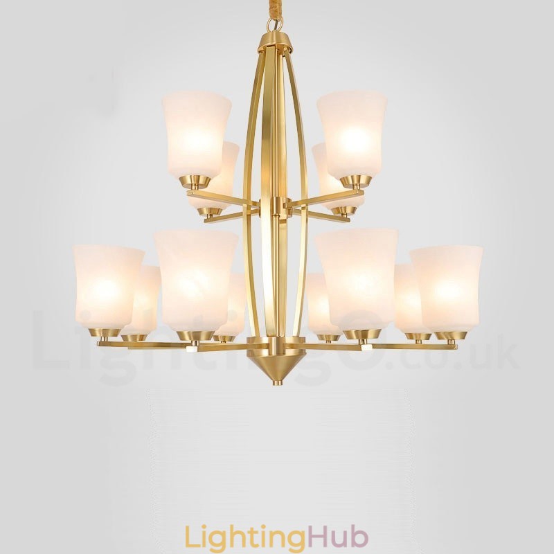 12 Light Pure Brass Large Luxurious Rustic Retro Vintage Brass Pendant Chandelier with Glass Shades