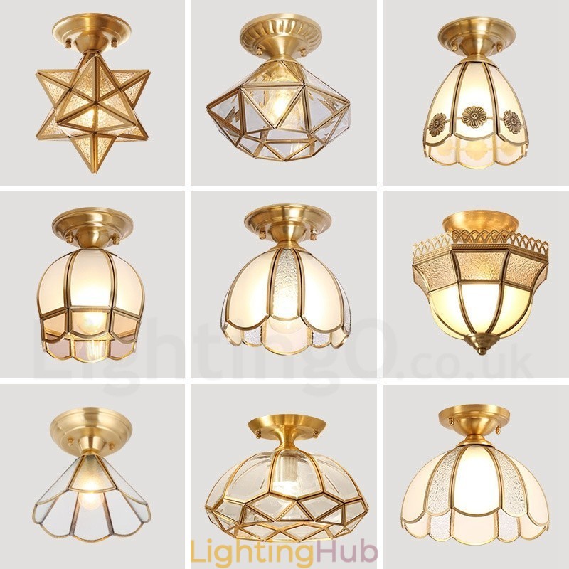 Pure Brass Rustic Lodge Nordic Style Flush Mount Ceiling Light with Glass Shade