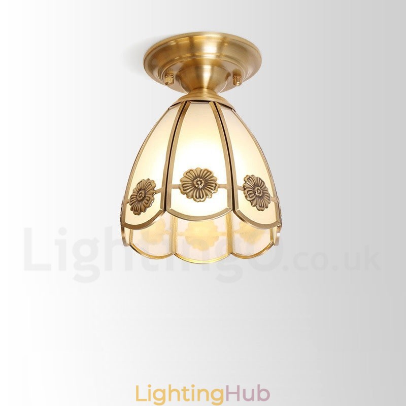 Pure Brass Rustic Lodge Nordic Style Flush Mount Ceiling Light with Glass Shade