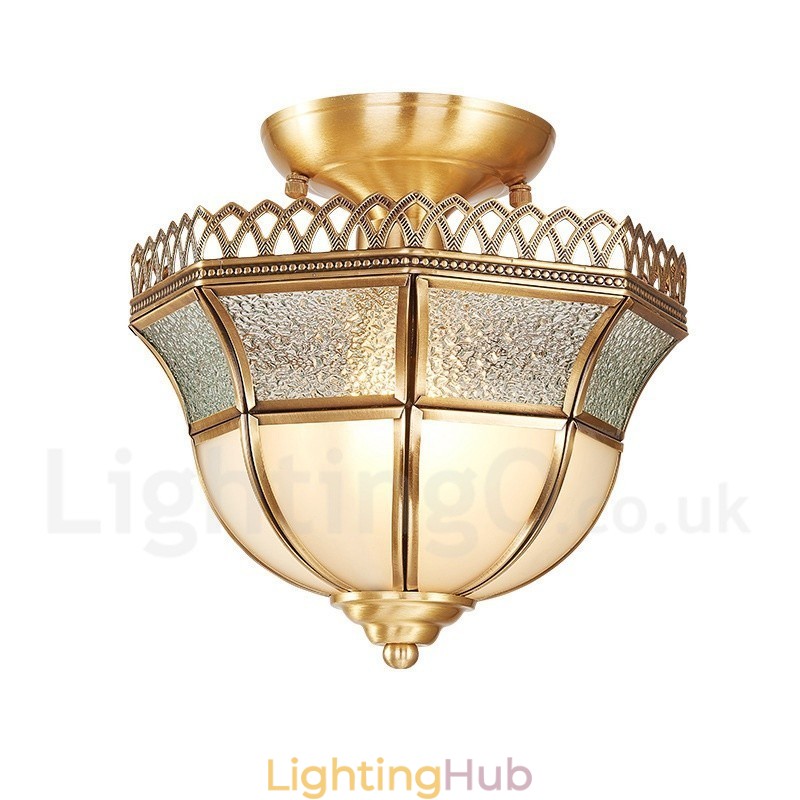 Pure Brass Rustic Lodge Nordic Style Flush Mount Ceiling Light with Glass Shade