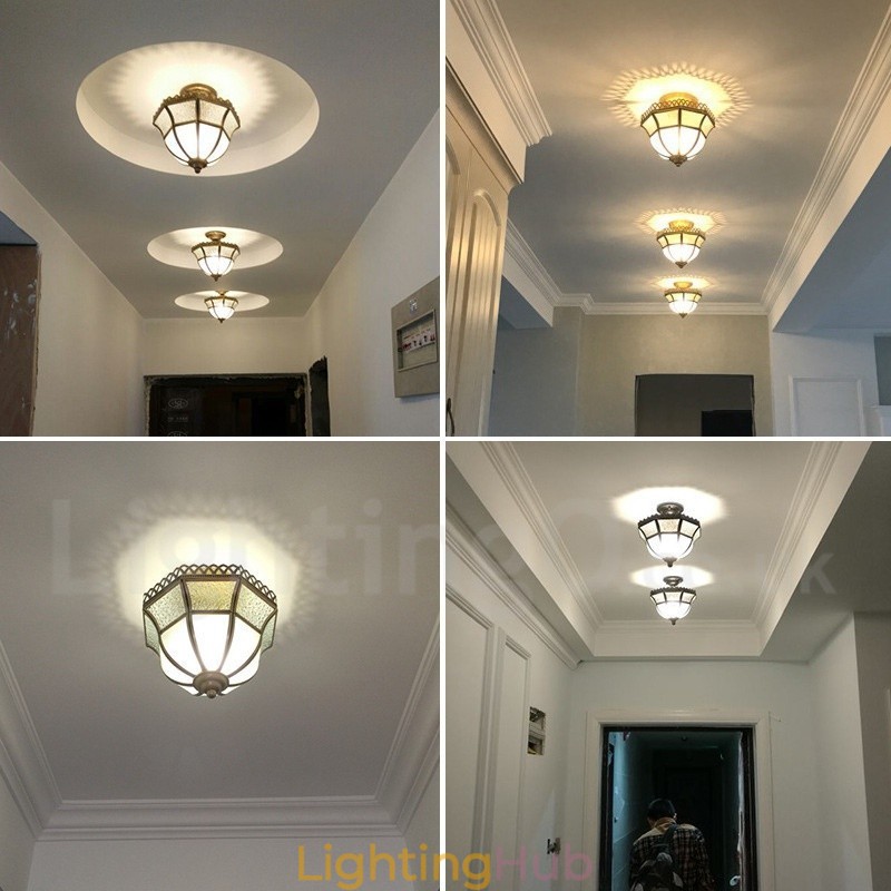 Pure Brass Rustic Lodge Nordic Style Flush Mount Ceiling Light with Glass Shade