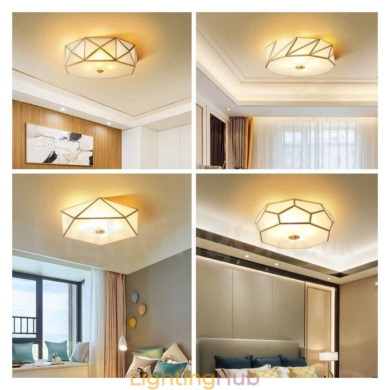 Pure Brass Rustic Lodge Nordic Style Flush Mount Ceiling Light with Glass Shade