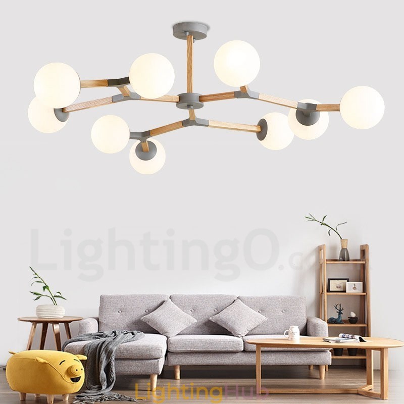 Wooden Nordic Modern Magic Bean Wood Molecular Chandelier with Glass Shades