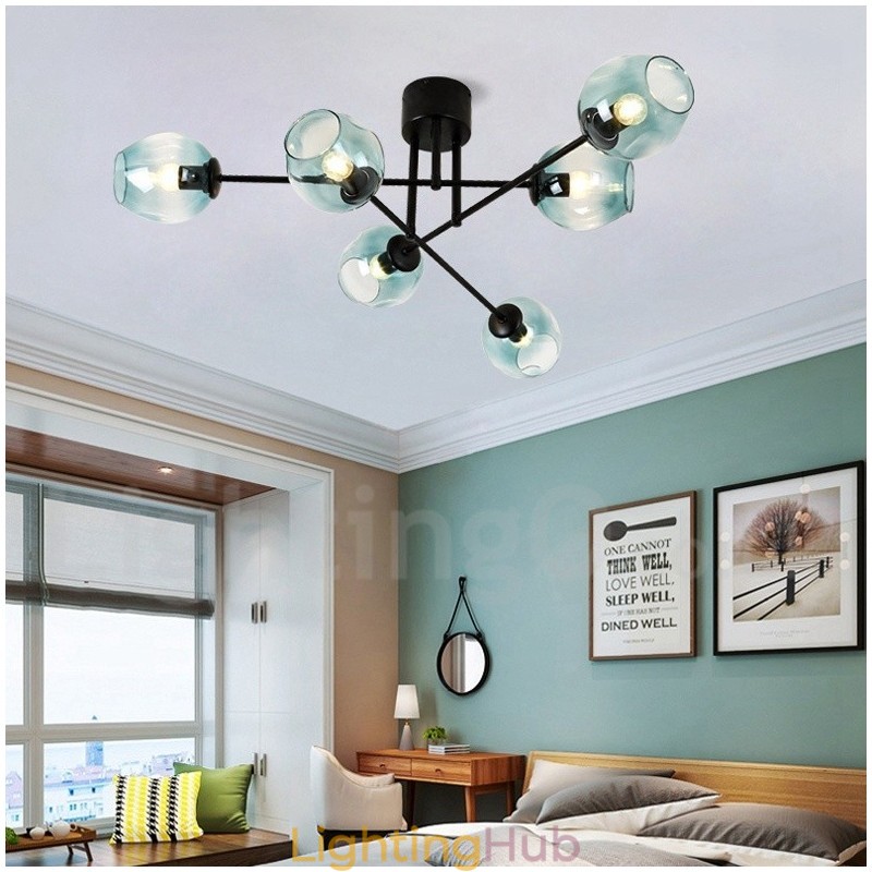 6 Light Rustic Lodge Stainless Steel Chandelier with Clear or Blue Glass Shades