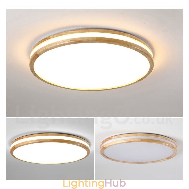 Dimmable Round Wooden with Lens Modern Contemporary Nordic Style Flush Mount Wood Ceiling Light with Acrylic Shade and Remote Control Also Can Be Used As Wall Light