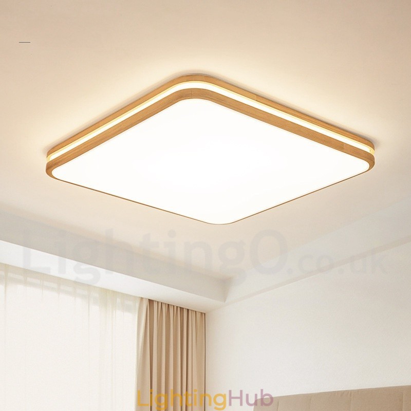 Square Wooden with Lens Modern Contemporary Nordic Style Flush Mount Wood Ceiling Light with Acrylic Shade and Remote Control Also Can Be Used As Wall Light