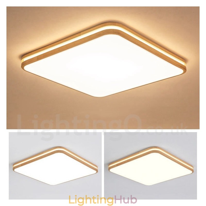 Square Wooden with Lens Modern Contemporary Nordic Style Flush Mount Wood Ceiling Light with Acrylic Shade and Remote Control Also Can Be Used As Wall Light