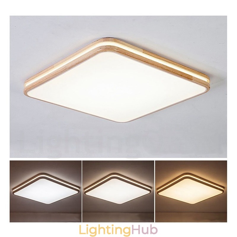 Square Wooden with Lens Modern Contemporary Nordic Style Flush Mount Wood Ceiling Light with Acrylic Shade and Remote Control Also Can Be Used As Wall Light