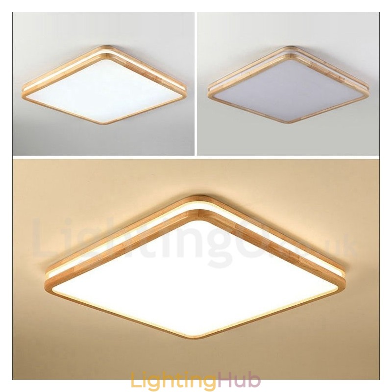 Square Wooden with Lens Modern Contemporary Nordic Style Flush Mount Wood Ceiling Light with Acrylic Shade and Remote Control Also Can Be Used As Wall Light