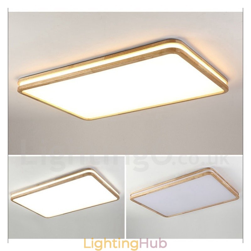 Dimmable Rectangle Wooden with Lens Modern Contemporary Nordic Style Flush Mount Wood Ceiling Light with Acrylic Shade and Remote Control Also Can Be Used As Wall Light