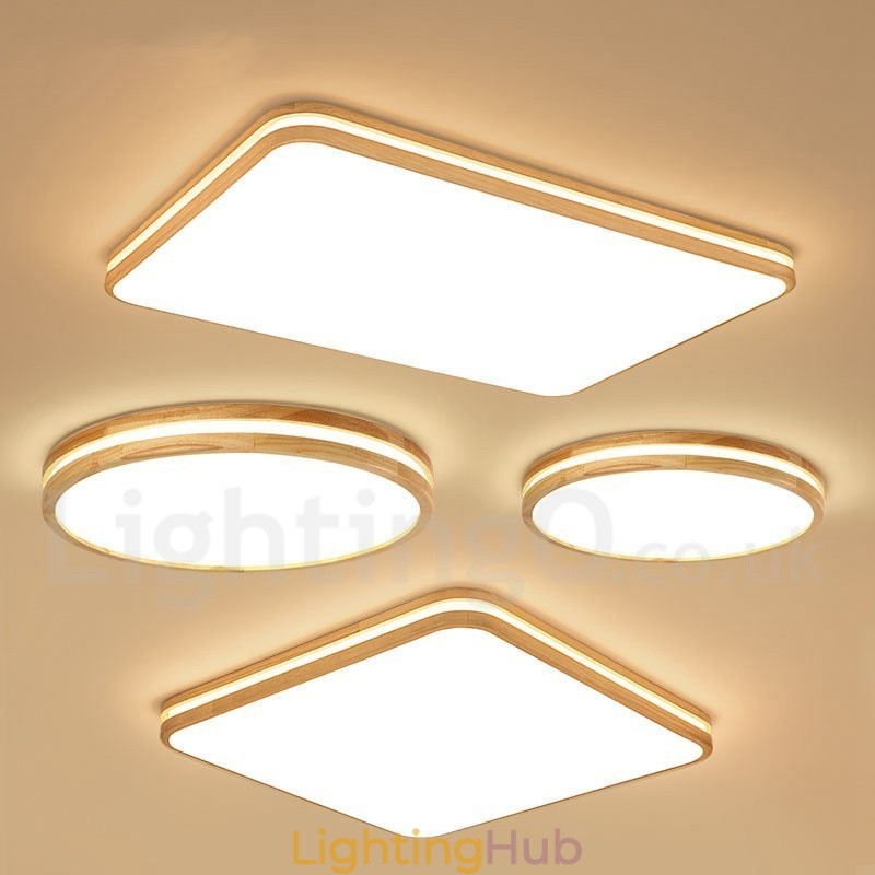 Dimmable Rectangle Wooden with Lens Modern Contemporary Nordic Style Flush Mount Wood Ceiling Light with Acrylic Shade and Remote Control Also Can Be Used As Wall Light