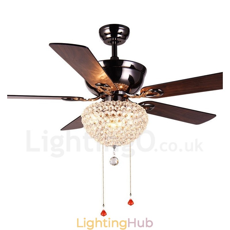 132CM (52") American Style Wood Retro Remote Control Ceiling Fan Light with Crystal Shade Mute Pure Copper Motor