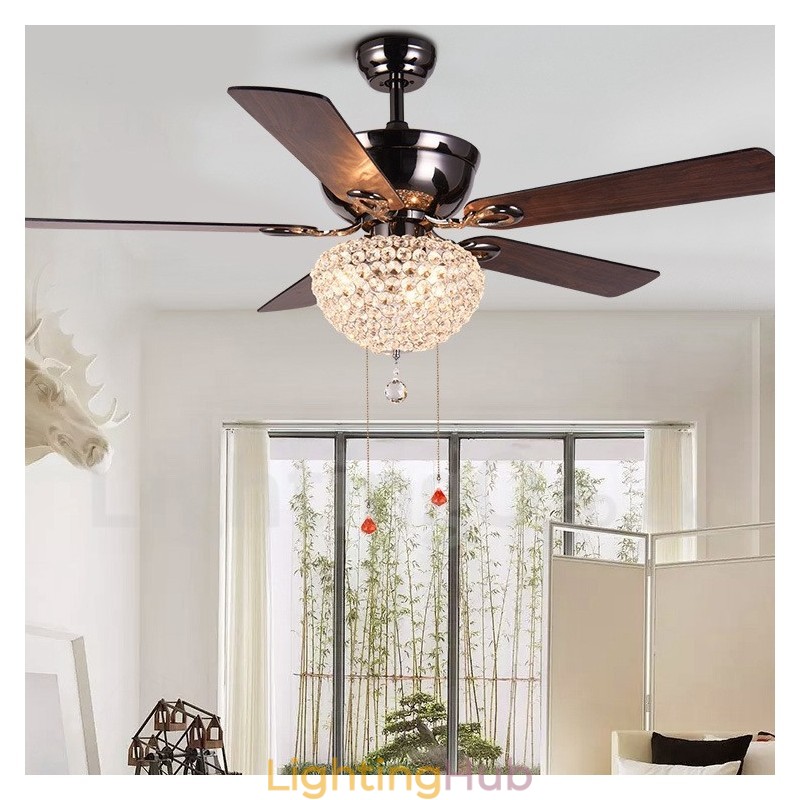 132CM (52") American Style Wood Retro Remote Control Ceiling Fan Light with Crystal Shade Mute Pure Copper Motor