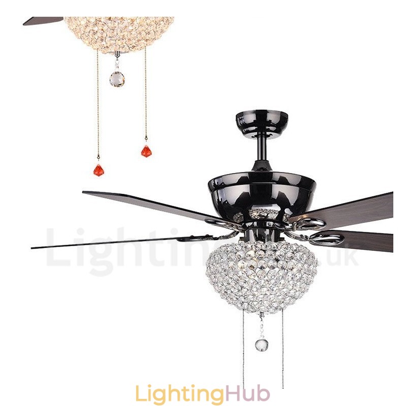 132CM (52") American Style Wood Retro Remote Control Ceiling Fan Light with Crystal Shade Mute Pure Copper Motor