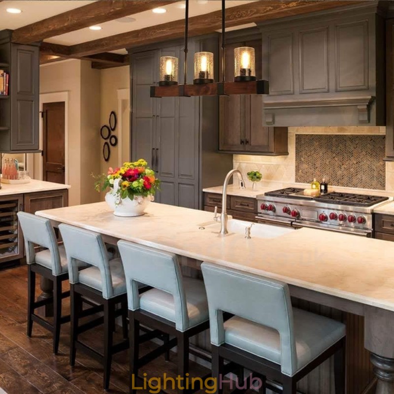 3 Light Vintage Wooden Chandelier Industrial Wind Loft Wood Linear Pendant Lighting