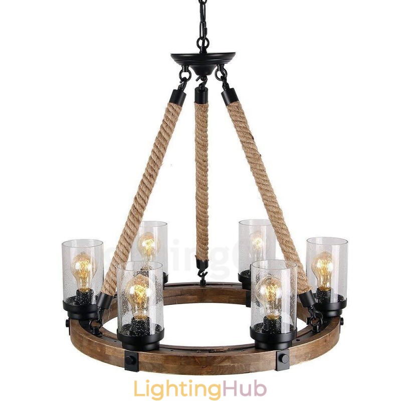 6 Light Ring Vintage Wooden Chandelier Industrial Wind Loft Wood Linear Pendant Lighting