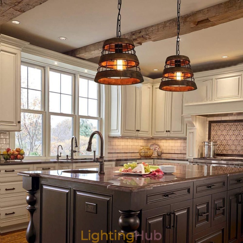 1 Light Ring Vintage Wooden Chandelier Industrial Wind Loft Wood Linear Pendant Lighting