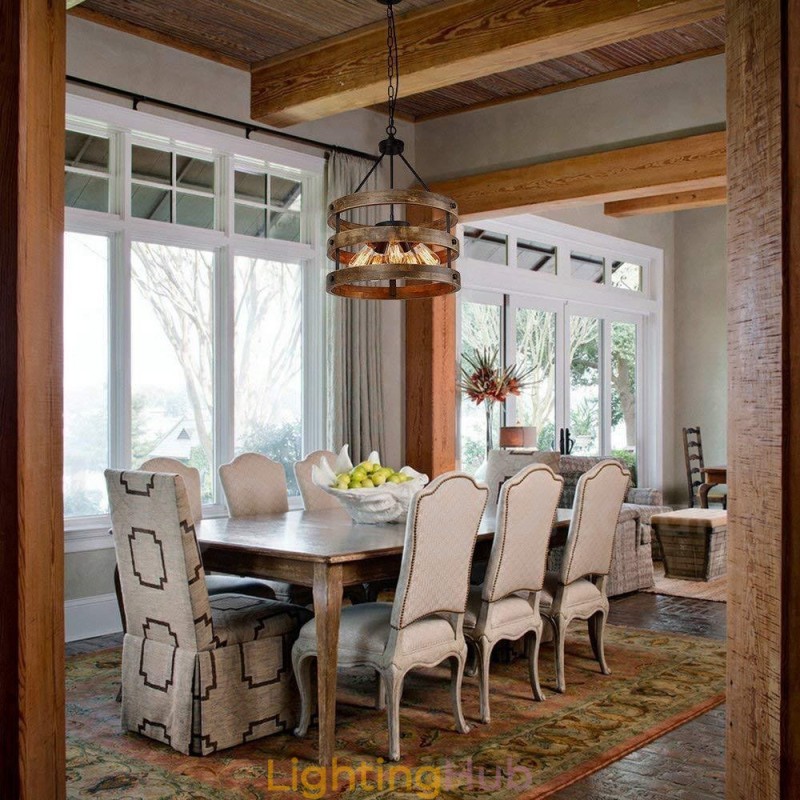5 Light Drum Vintage Wooden Chandelier Industrial Wind Loft Wood Linear Pendant Lighting