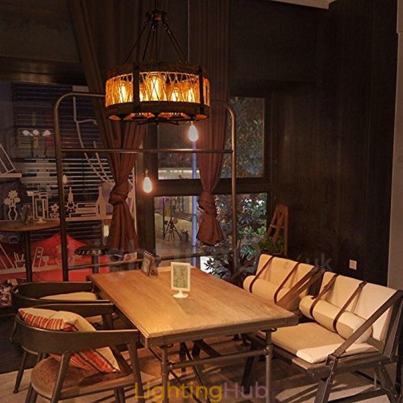 5 Light Drum Vintage Wooden Chandelier Industrial Wind Loft Wood Linear Pendant Lighting