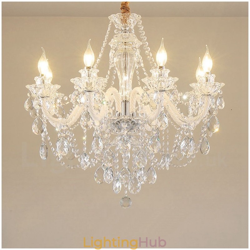 8 Light Clear Crystal Candle White Arm Chandelier