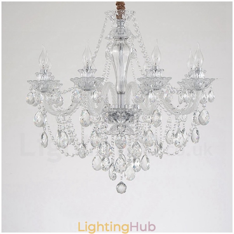 8 Light Clear Crystal Candle White Arm Chandelier